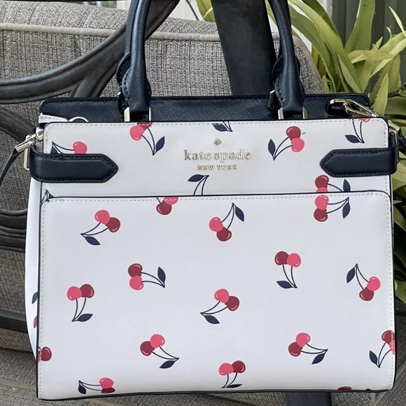 KATE SPADE STACI MEDIUM SATCHEL SHOULDER BAG CHERRIES PINK RED WHITE LEATHER - Picture 3 of 11